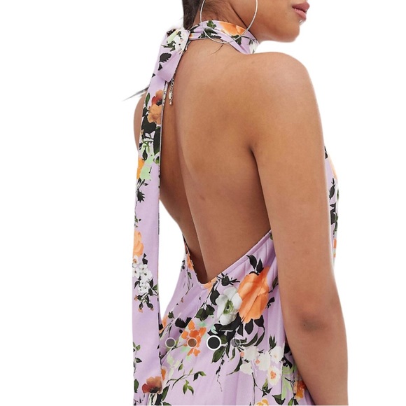 ASOS DESIGN size 2 petite floral backless halter pleated mini dress (multicolor) - Picture 3 of 11